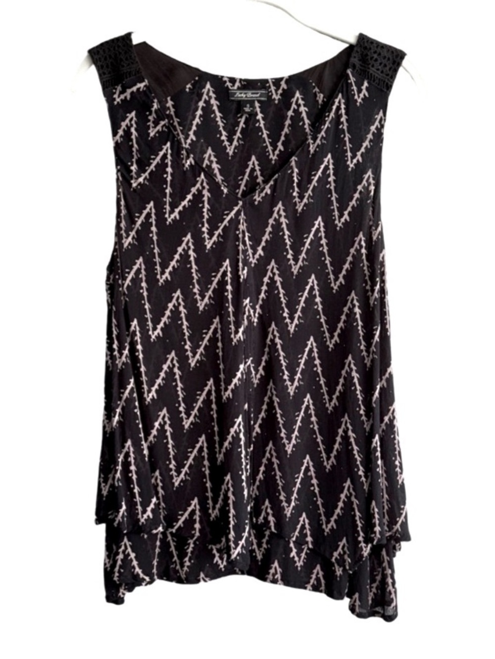 Lucky Brand Flowing Sleeveless Blouse Crochet Detail Black Taupe Size S